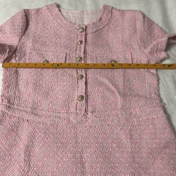 Textured Mini Dress Women’s Medium Pink A-line Buttons Fringe Frayed Faux - Picture 8 of 9